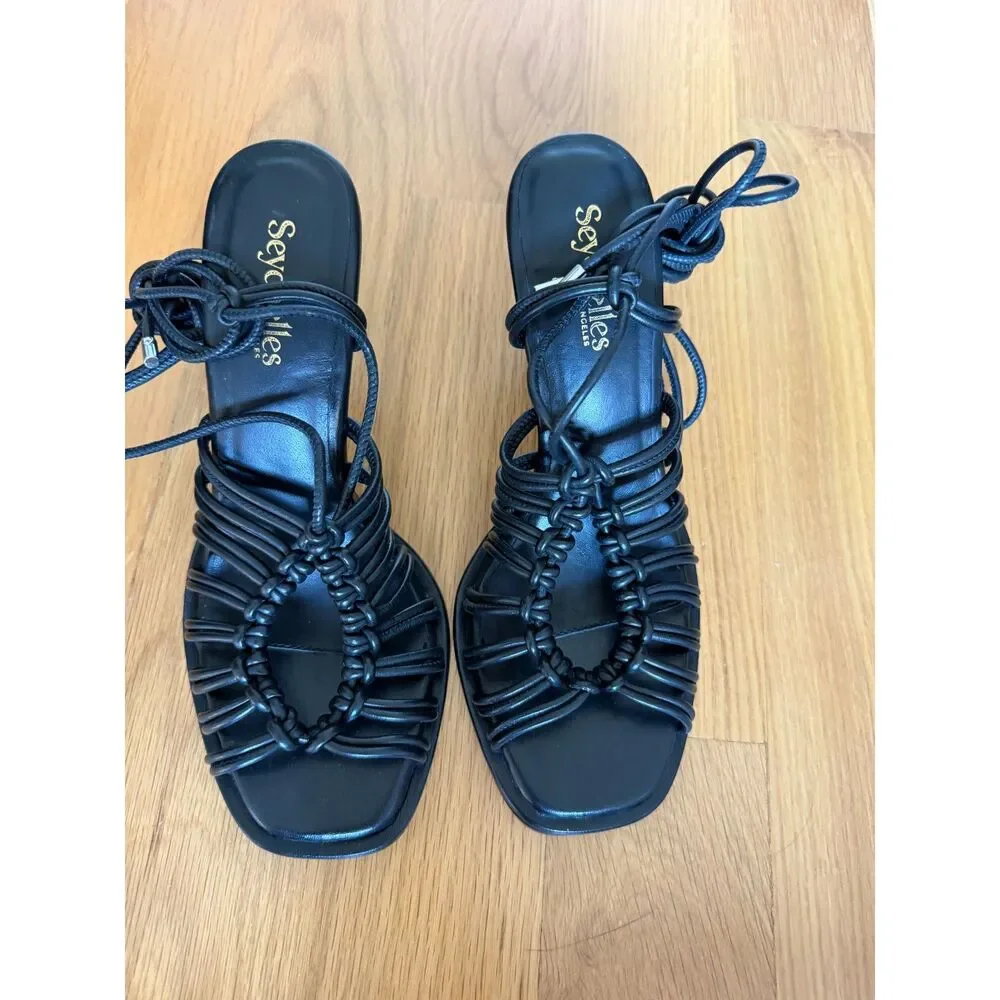 Seychelles Te Amo Black Leather Ankle Wrap Sandals Size 6.5 NWOB